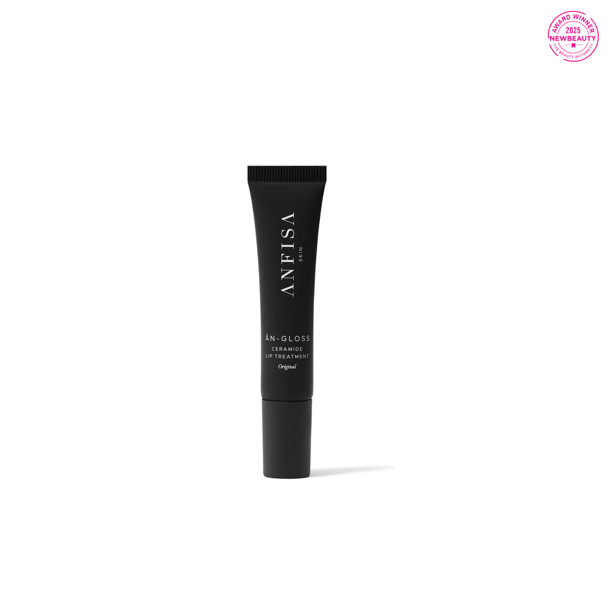 Black cosmetic tube with 'ANFISA' branding on a white background
